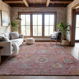 HomeRoots 10' X 14' Pink Gold & Blue Floral Area Rug - Washable, UV Protected, Stylish & Durable for Your Home 684480