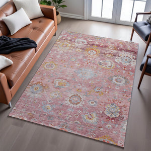 HomeRoots 10' X 14' Pink Gold & Blue Floral Area Rug - Washable, UV Protected, Stylish & Durable for Your Home 684480