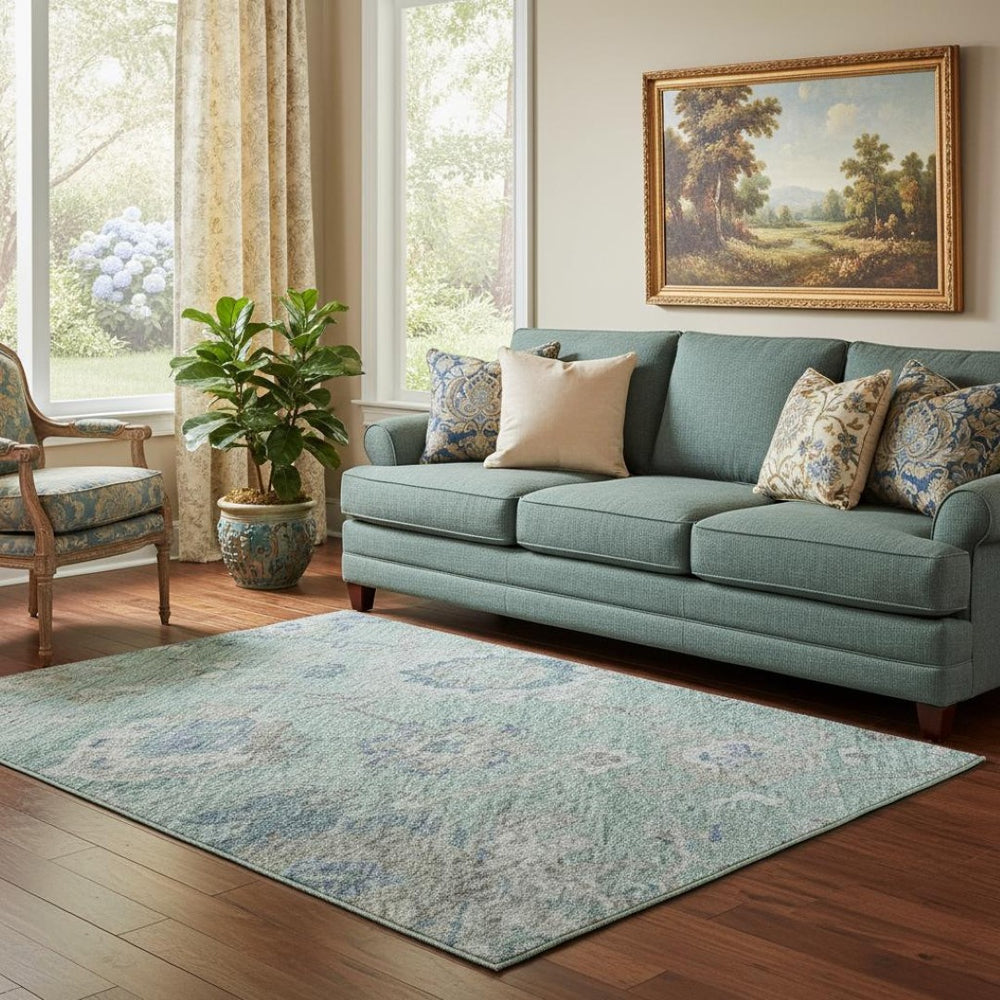 HomeRoots 5' Aqua Beige Taupe Floral Washable Area Rug - UV Protected, Stain Resistant, Family-Friendly Decor 684482
