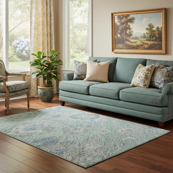 HomeRoots 5' Aqua Beige Taupe Floral Washable Area Rug - UV Protected, Stain Resistant, Family-Friendly Decor 684482