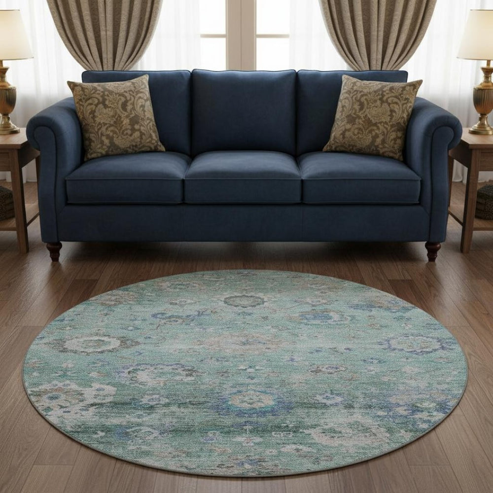 HomeRoots 8' Elegant Aqua, Beige & Taupe Floral Washable Round Rug with UV Protection for Indoor/Outdoor Use 684483
