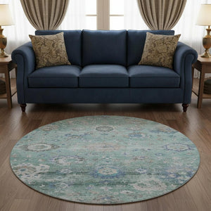 HomeRoots 8' Elegant Aqua, Beige & Taupe Floral Washable Round Rug with UV Protection for Indoor/Outdoor Use 684483