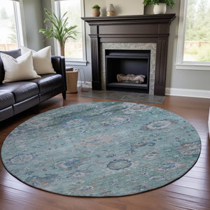 HomeRoots 8' Elegant Aqua, Beige & Taupe Floral Washable Round Rug with UV Protection for Indoor/Outdoor Use 684483