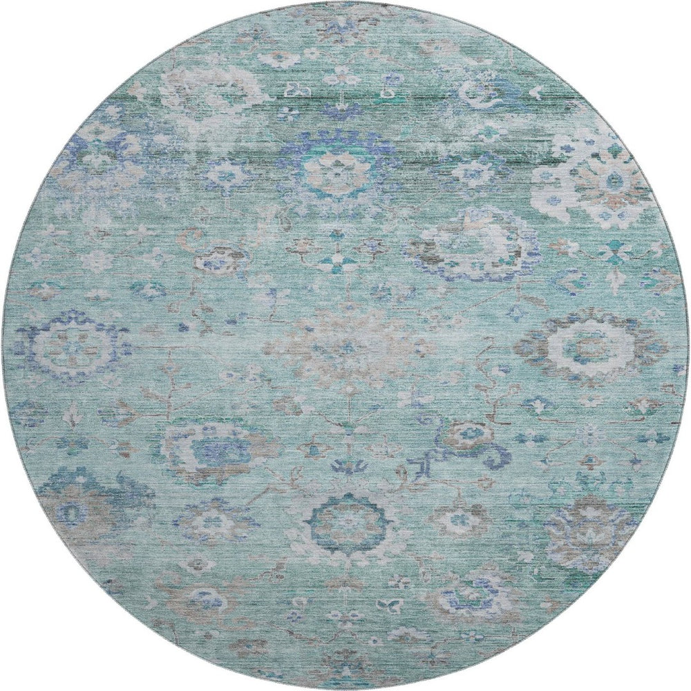 HomeRoots 8' Elegant Aqua, Beige & Taupe Floral Washable Round Rug with UV Protection for Indoor/Outdoor Use 684483