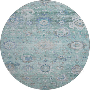 HomeRoots 8' Elegant Aqua, Beige & Taupe Floral Washable Round Rug with UV Protection for Indoor/Outdoor Use 684483