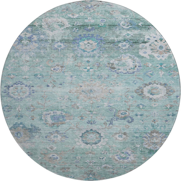 HomeRoots 8' Elegant Aqua, Beige & Taupe Floral Washable Round Rug with UV Protection for Indoor/Outdoor Use 684483