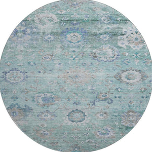 HomeRoots 8' Elegant Aqua, Beige & Taupe Floral Washable Round Rug with UV Protection for Indoor/Outdoor Use 684483