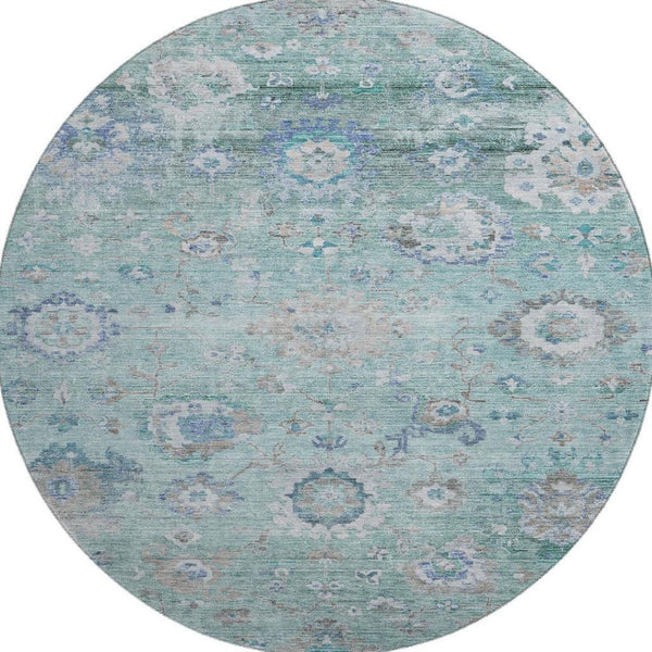 HomeRoots 8' Elegant Aqua, Beige & Taupe Floral Washable Round Rug with UV Protection for Indoor/Outdoor Use 684483