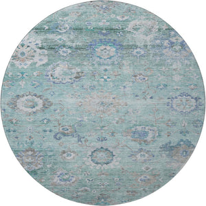 HomeRoots 8' Elegant Aqua, Beige & Taupe Floral Washable Round Rug with UV Protection for Indoor/Outdoor Use 684483
