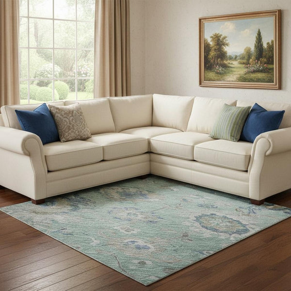 HomeRoots 8' X 10' Aqua Beige Taupe Floral Area Rug - Durable, Stain-Resistant, UV Protected for Busy Homes 684484
