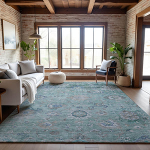 HomeRoots 8' X 10' Aqua Beige Taupe Floral Area Rug - Durable, Stain-Resistant, UV Protected for Busy Homes 684484