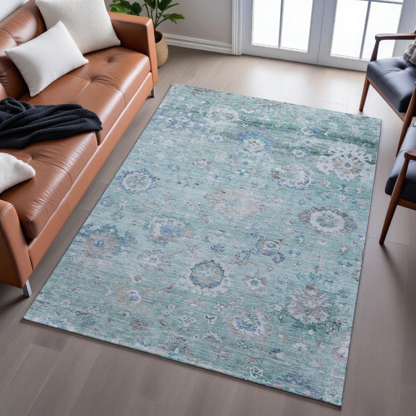 HomeRoots 8' X 10' Aqua Beige Taupe Floral Area Rug - Durable, Stain-Resistant, UV Protected for Busy Homes 684484