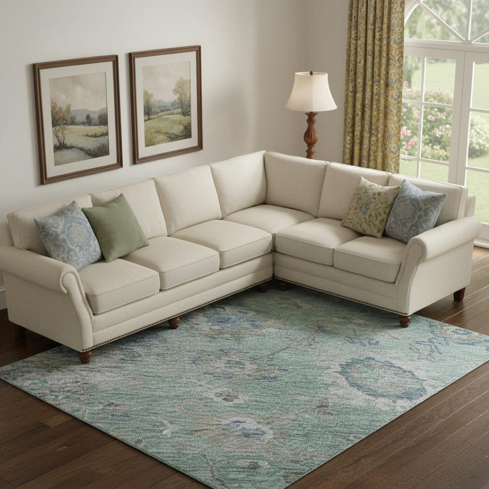 HomeRoots 9' X 12' Floral Washable Area Rug in Aqua, Beige & Taupe - Stain Resistant with UV Protection 684485