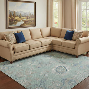 HomeRoots 10' Aqua Beige Taupe Floral Washable Area Rug - Stain Resistant, UV Protected, Family-Friendly Design 684486