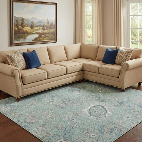 HomeRoots 10' Aqua Beige Taupe Floral Washable Area Rug - Stain Resistant, UV Protected, Family-Friendly Design 684486