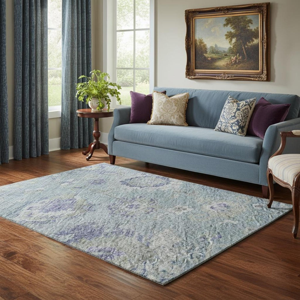 HomeRoots 5' X 8' Sky Blue Beige Purple Floral Area Rug – Washable, UV Protected, Durable & Family-Friendly Decor 684488
