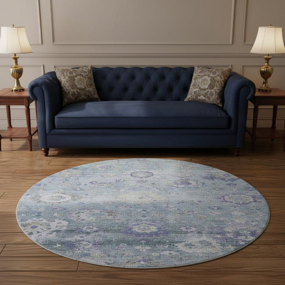 HomeRoots 8' Elegant Sky Blue Floral Round Rug - Stain-Resistant, UV Protected, Washable for Busy Homes 684489