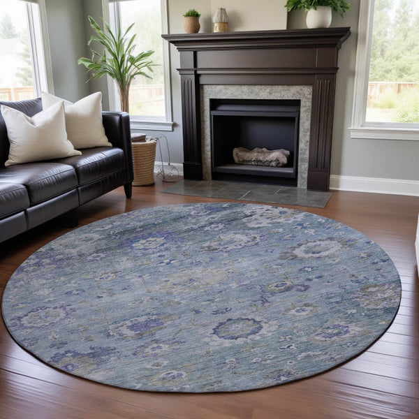 HomeRoots 8' Elegant Sky Blue Floral Round Rug - Stain-Resistant, UV Protected, Washable for Busy Homes 684489