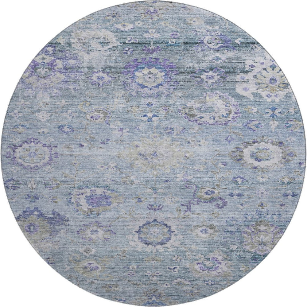 HomeRoots 8' Elegant Sky Blue Floral Round Rug - Stain-Resistant, UV Protected, Washable for Busy Homes 684489