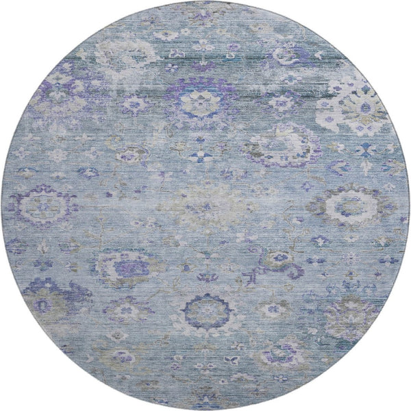 HomeRoots 8' Elegant Sky Blue Floral Round Rug - Stain-Resistant, UV Protected, Washable for Busy Homes 684489