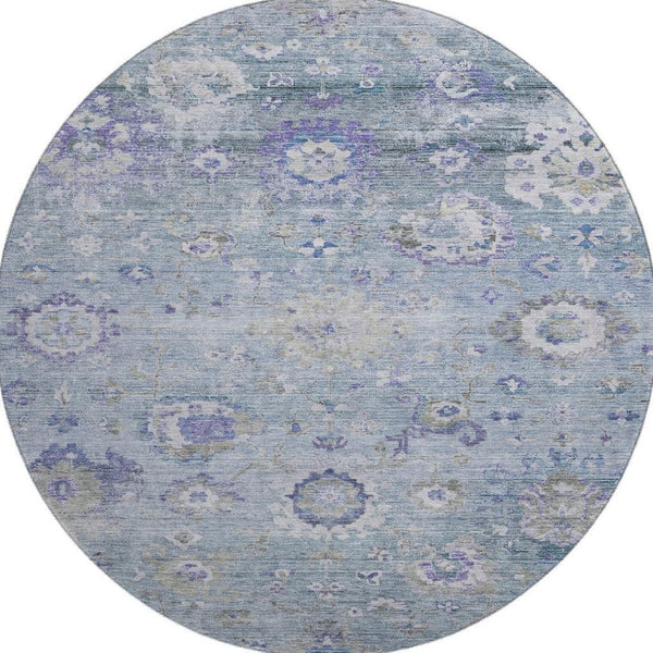 HomeRoots 8' Elegant Sky Blue Floral Round Rug - Stain-Resistant, UV Protected, Washable for Busy Homes 684489