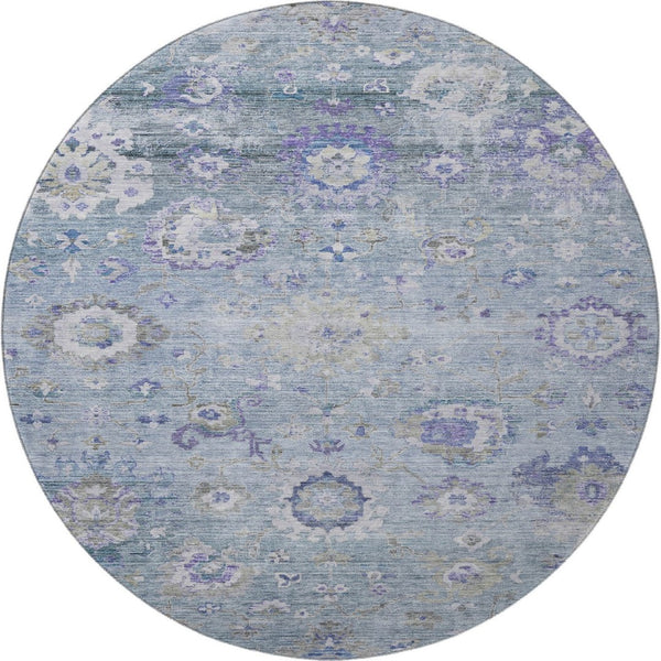 HomeRoots 8' Elegant Sky Blue Floral Round Rug - Stain-Resistant, UV Protected, Washable for Busy Homes 684489