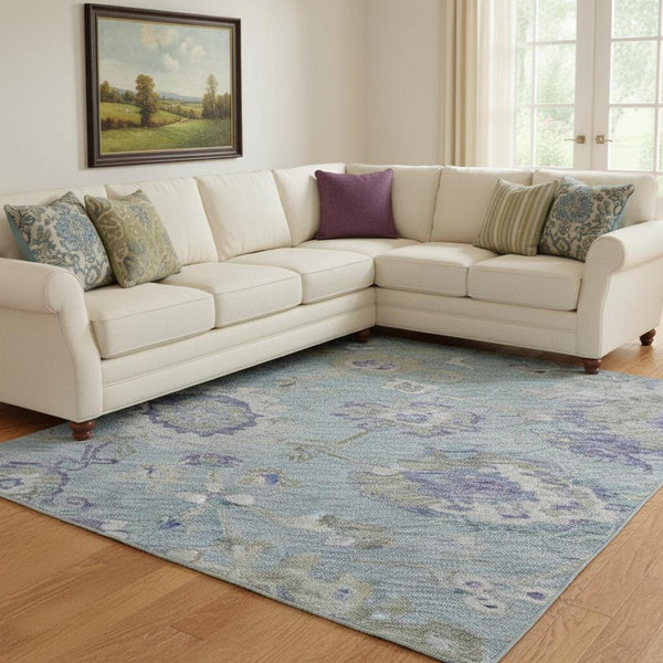 HomeRoots 8' X 10' Elegant Floral Area Rug in Sky Blue, Beige & Purple - Washable, UV Protected & Stain Resistant 684490
