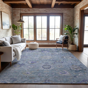 HomeRoots 10' X 14' Sky Blue, Beige & Purple Floral Washable Area Rug - UV Protected, Durable & Elegant Decor 684492