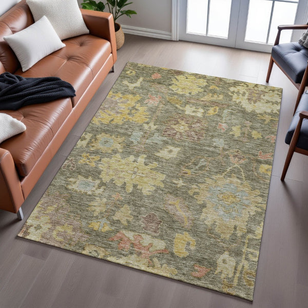 HomeRoots 5' X 8' Floral Area Rug in Artichoke Green & Gold - Washable, UV Protected, Stain Resistant Design 684494