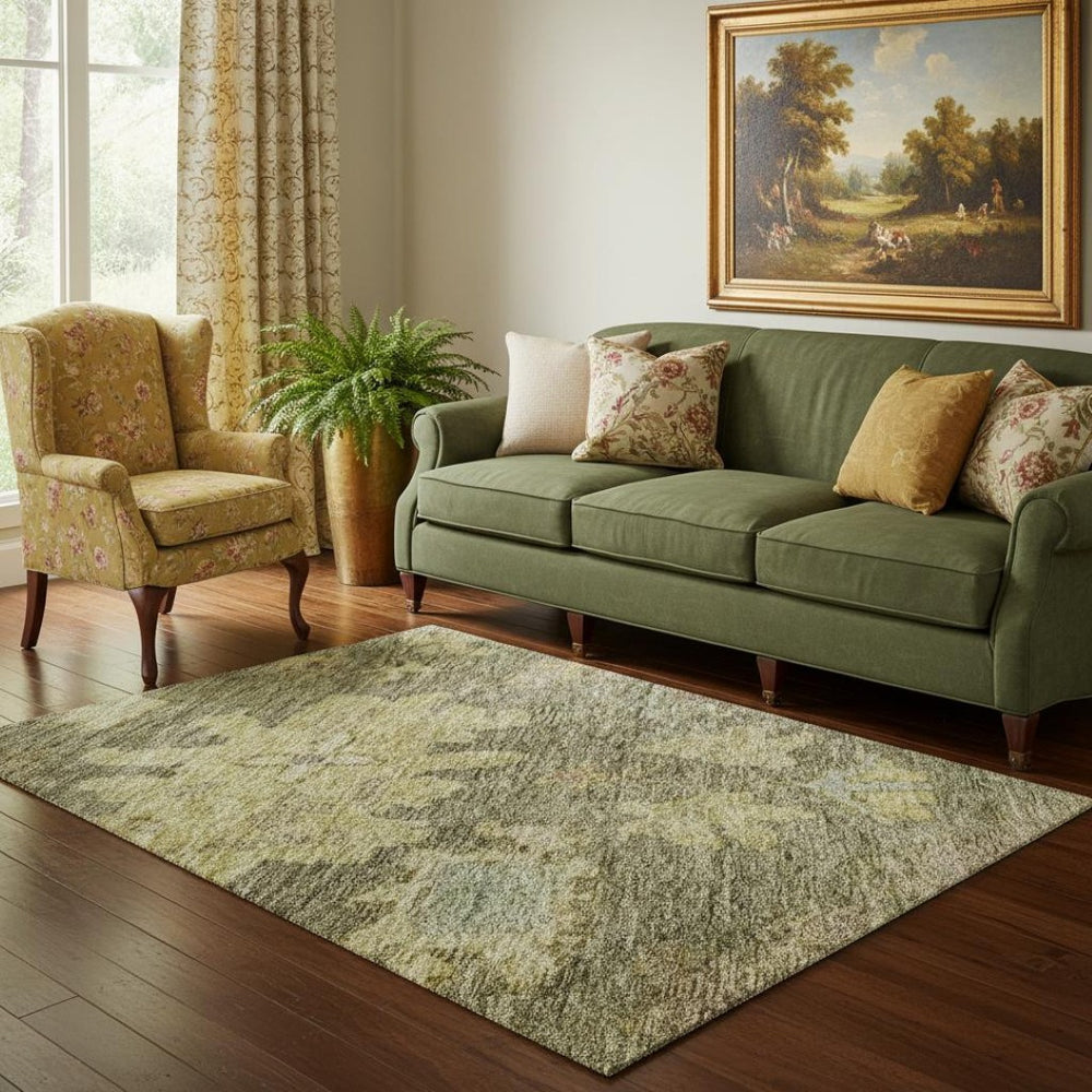HomeRoots 5' X 8' Floral Area Rug in Artichoke Green & Gold - Washable, UV Protected, Stain Resistant Design 684494