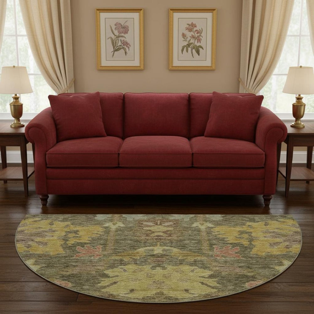 HomeRoots 8' Elegant Floral Washable Round Rug in Artichoke Green, Gold & Gray with UV Protection & Durability 684495