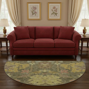 HomeRoots 8' Elegant Floral Washable Round Rug in Artichoke Green, Gold & Gray with UV Protection & Durability 684495