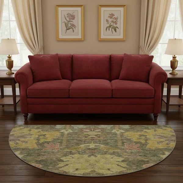 HomeRoots 8' Elegant Floral Washable Round Rug in Artichoke Green, Gold & Gray with UV Protection & Durability 684495
