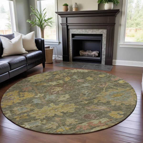 HomeRoots 8' Elegant Floral Washable Round Rug in Artichoke Green, Gold & Gray with UV Protection & Durability 684495