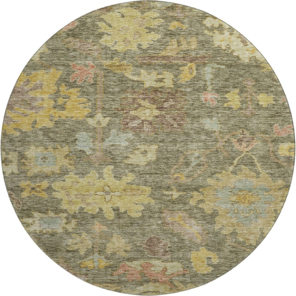 HomeRoots 8' Elegant Floral Washable Round Rug in Artichoke Green, Gold & Gray with UV Protection & Durability 684495