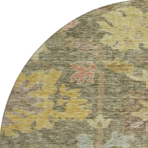 HomeRoots 8' Elegant Floral Washable Round Rug in Artichoke Green, Gold & Gray with UV Protection & Durability 684495
