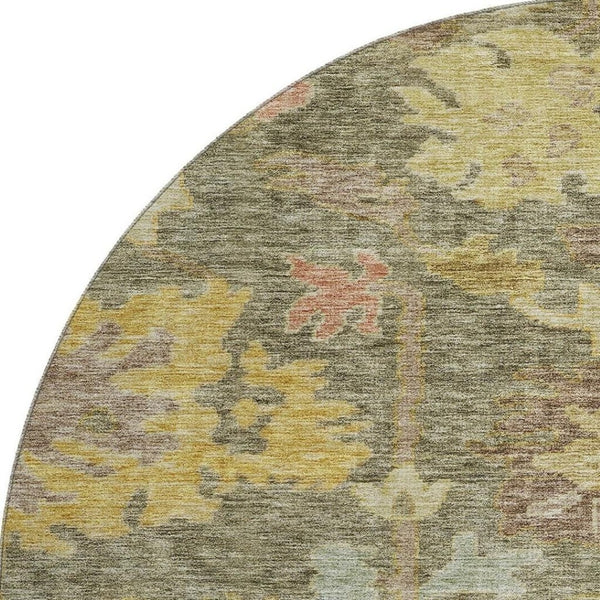 HomeRoots 8' Elegant Floral Washable Round Rug in Artichoke Green, Gold & Gray with UV Protection & Durability 684495