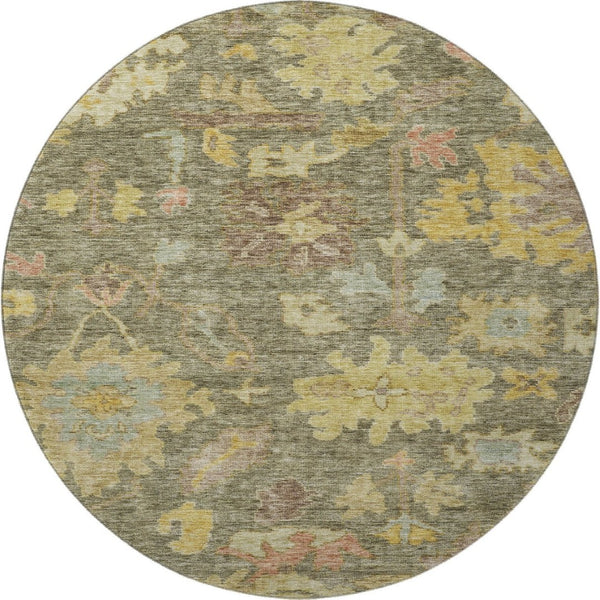 HomeRoots 8' Elegant Floral Washable Round Rug in Artichoke Green, Gold & Gray with UV Protection & Durability 684495
