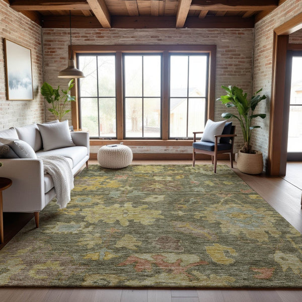 HomeRoots 8' X 10' Elegant Floral Area Rug in Artichoke Green, Gold & Gray - Washable with UV Protection 684496