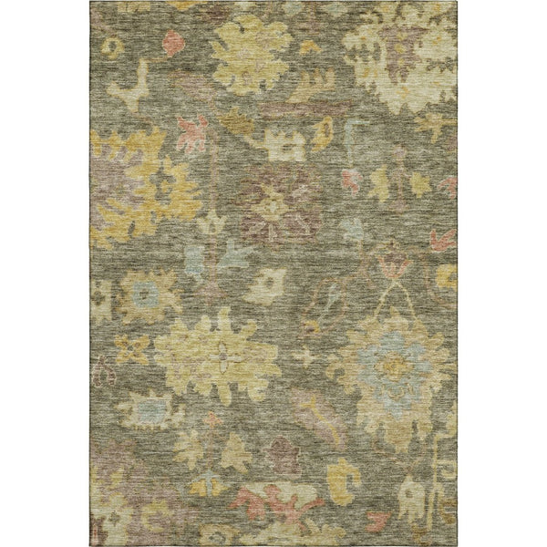 HomeRoots 8' X 10' Elegant Floral Area Rug in Artichoke Green, Gold & Gray - Washable with UV Protection 684496