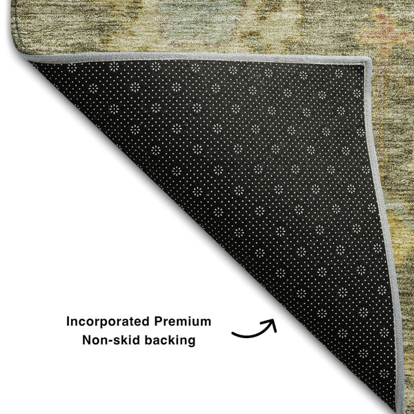 HomeRoots 8' X 10' Elegant Floral Area Rug in Artichoke Green, Gold & Gray - Washable with UV Protection 684496