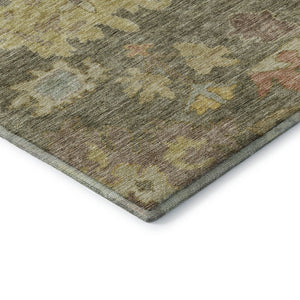 HomeRoots 8' X 10' Elegant Floral Area Rug in Artichoke Green, Gold & Gray - Washable with UV Protection 684496