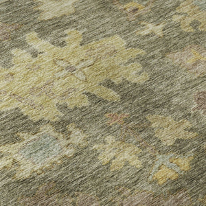 HomeRoots 8' X 10' Elegant Floral Area Rug in Artichoke Green, Gold & Gray - Washable with UV Protection 684496