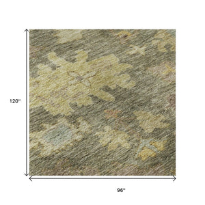 HomeRoots 8' X 10' Elegant Floral Area Rug in Artichoke Green, Gold & Gray - Washable with UV Protection 684496