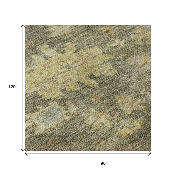 HomeRoots 8' X 10' Elegant Floral Area Rug in Artichoke Green, Gold & Gray - Washable with UV Protection 684496