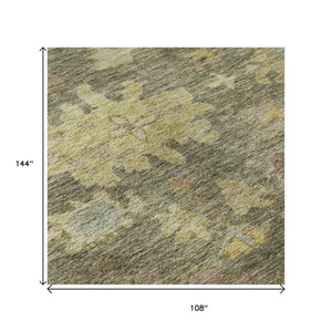 HomeRoots 9' X 12' Washable Floral Area Rug in Artichoke Green, Gold & Gray – UV Protected, Pet Friendly & Durable 684497