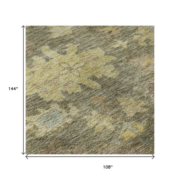 HomeRoots 9' X 12' Washable Floral Area Rug in Artichoke Green, Gold & Gray – UV Protected, Pet Friendly & Durable 684497
