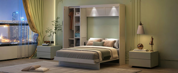 English Elm Queen Murphy Wall Bed with Led Lighting Open Shelves and Wardrobe Cabinet Storage White LP000899AAK-1