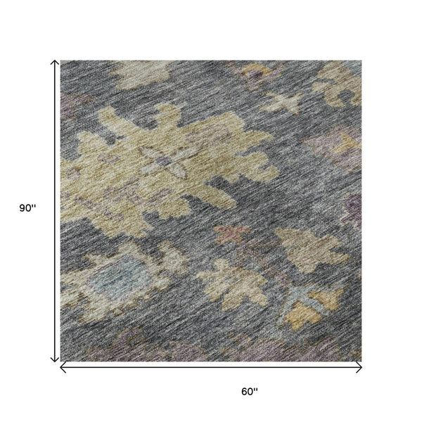 HomeRoots 5' X 8' Gorgeous Floral Area Rug in Blue, Gold & Coral - Washable, UV-Protected, Stain-Resistant! 684500