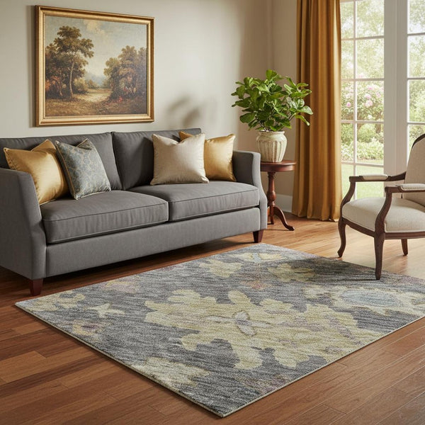 HomeRoots 5' X 8' Gorgeous Floral Area Rug in Blue, Gold & Coral - Washable, UV-Protected, Stain-Resistant! 684500